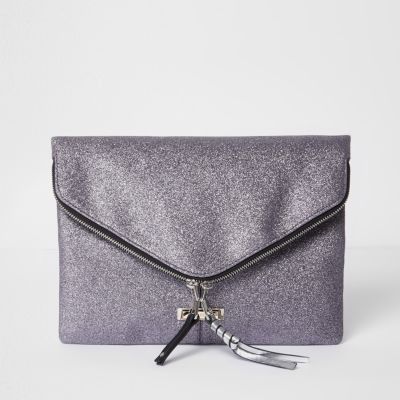 Purple glitter zip envelope clutch bag